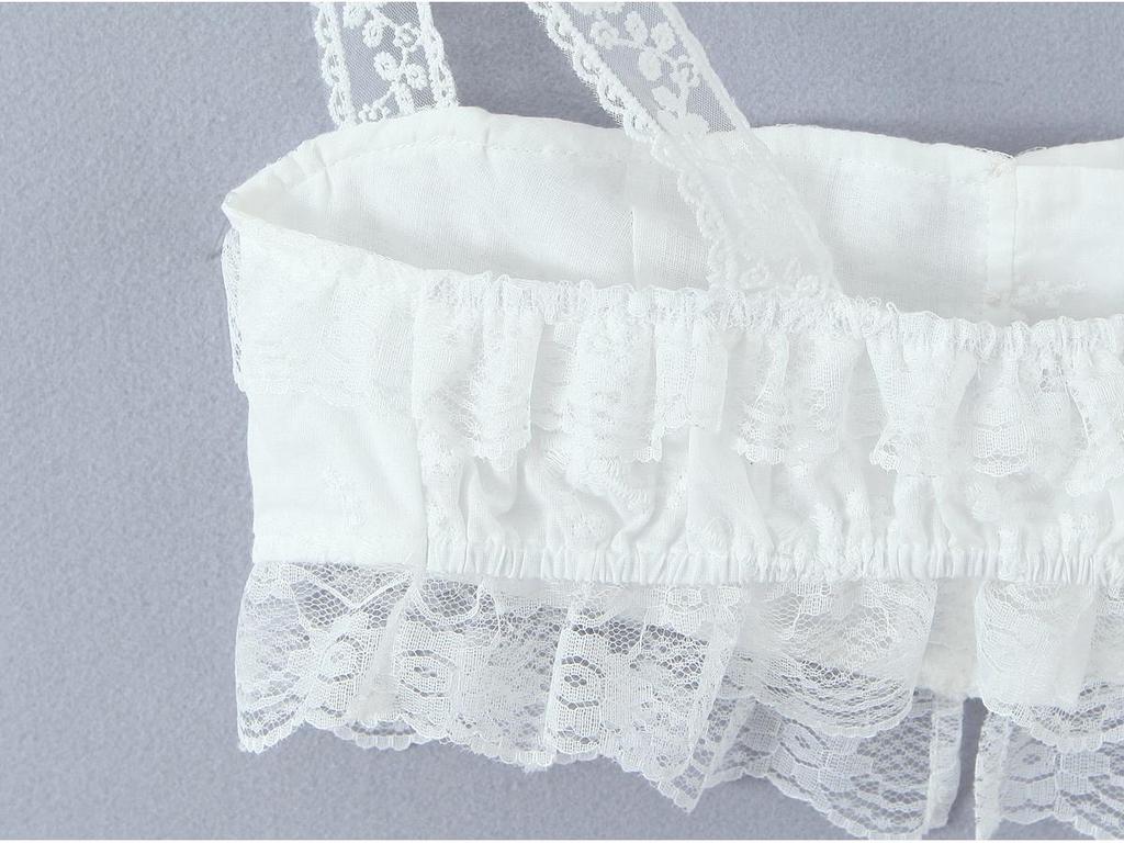 Women's Spring White Lace Cami Top & Ruffle Trim Embroidered Skirt Set