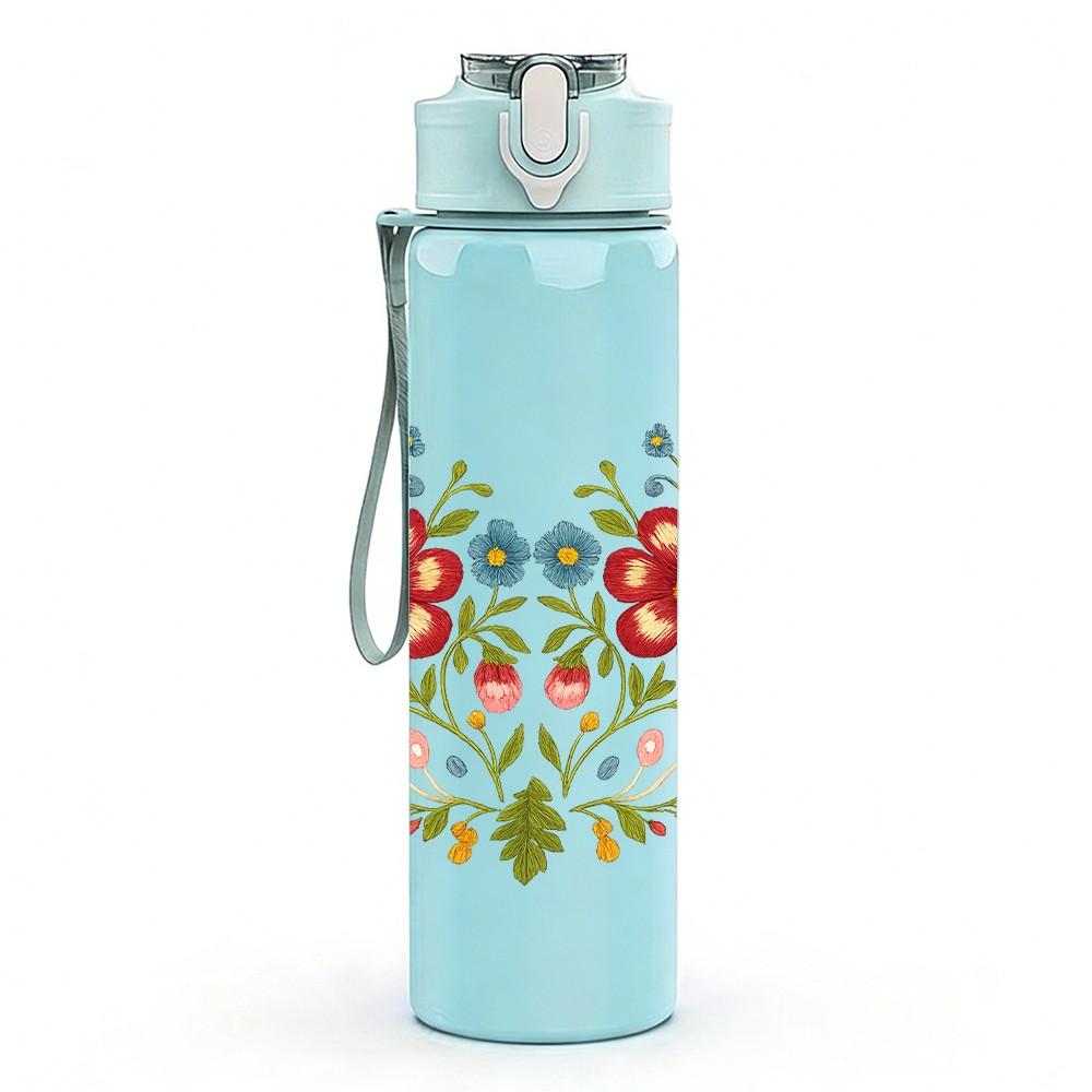 1PC Folk Floral Heart Garland 750ml Color Plastic Sports Water Bottle Leakproof Flip Straw Lid Suitable for Sports Office Home Use