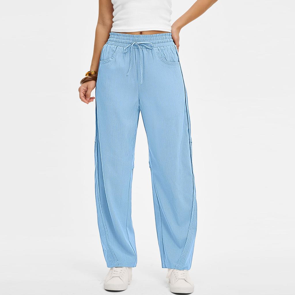 Linen Casual Wide Leg Pants For Women Elastic Waist Versatile Business Casual Work Palazzo Trousers With Pockets