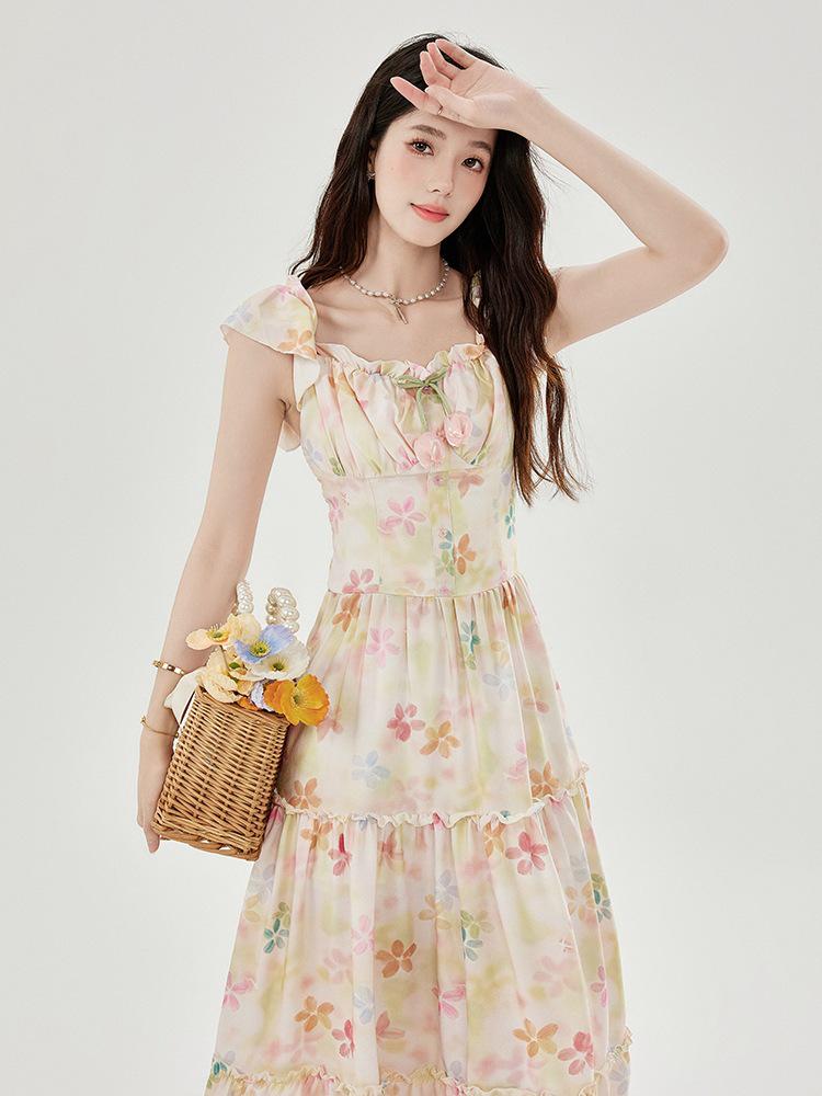 Robe débardeur amincissante à col carré français et manches bouffantes pour femme avec jupe midi florale d'été