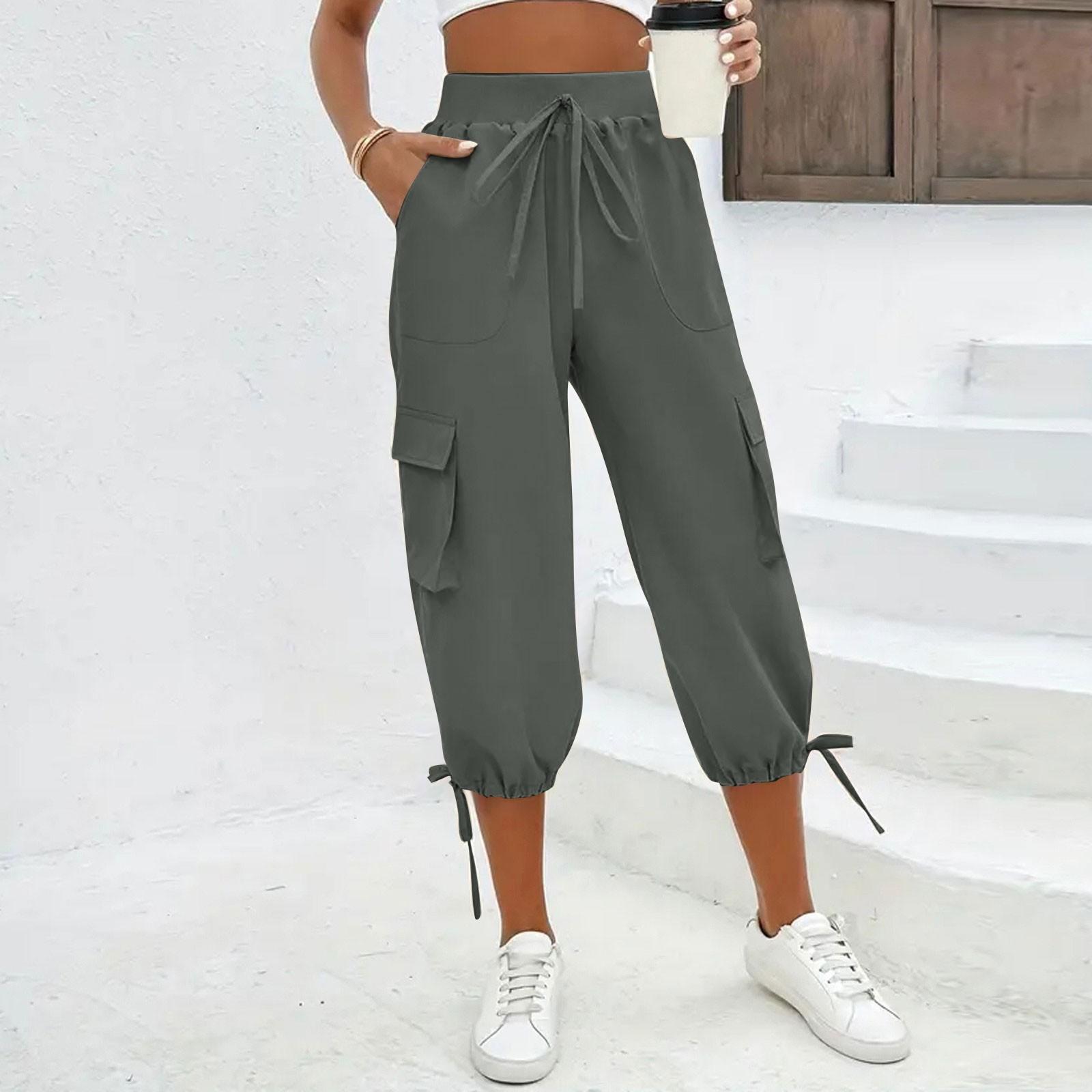 

Женские капри с карманами, эластичные, легкие, повседневные брюки карго, летние укороченные брюки, одежда для улицы S