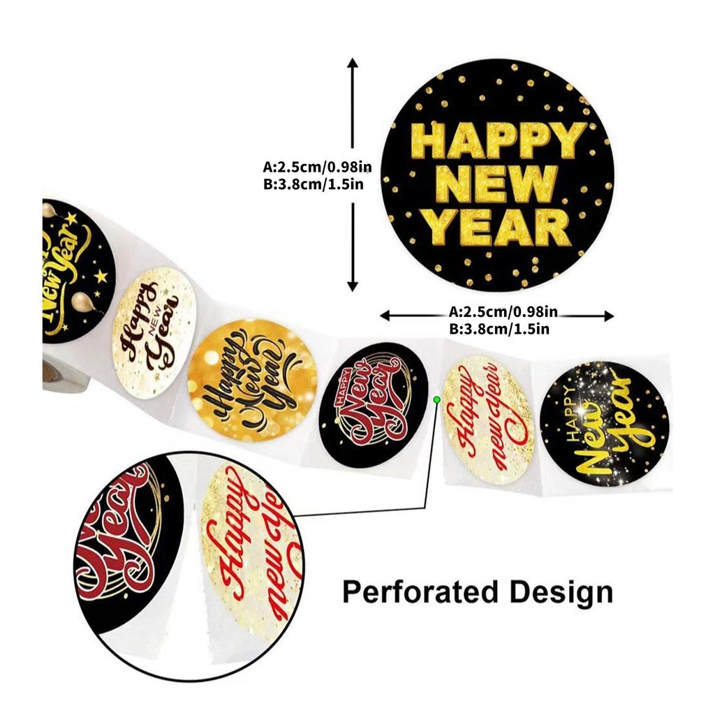 500 Counts Happy New Year Sticker Round Sealing Sticker for Christmas Card Letter Envelope Self-Adhesive Wrapping Labels