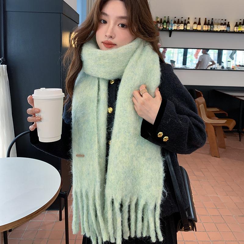 

Versatile sweet and cute candy color scarf winter thickened warm shawl mohair solid color couple scarf 180cm+2*10cm темно-сірий