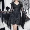 Vintage Gothic Schwarzes Spitzen-T-Shirt, elegantes Smock-Top mit ausgestellten Ärmeln, durchsichtig, sexy, abgeschnittene Tops, Cardigan, Streetwear