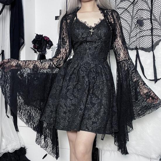 Vintage Gothic Schwarzes Spitzen-T-Shirt, elegantes Smock-Top mit ausgestellten Ärmeln, durchsichtig, sexy, abgeschnittene Tops, Cardigan, Streetwear