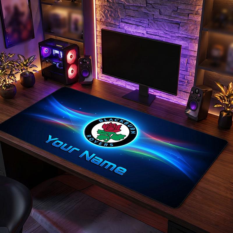 Blackburn Rovers FC Custom Large Mouse Pad, Personalized Name Text Print, Football Logo Non‑Slip Desk Mat Gaming Gift