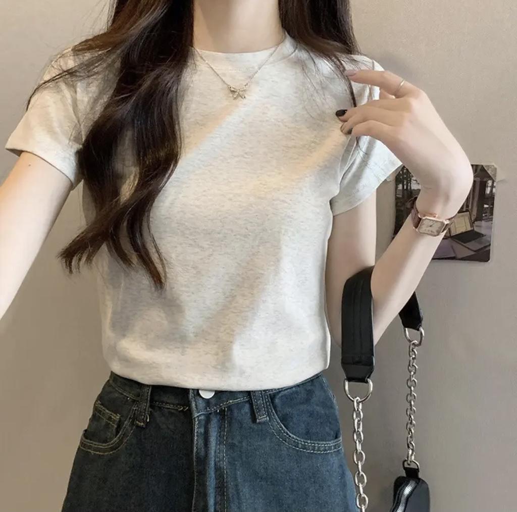 Front shoulder crew neck T-shirt women's 2026 new pure cotton basic short-sleeved top, summer versatile base, thin and slim
