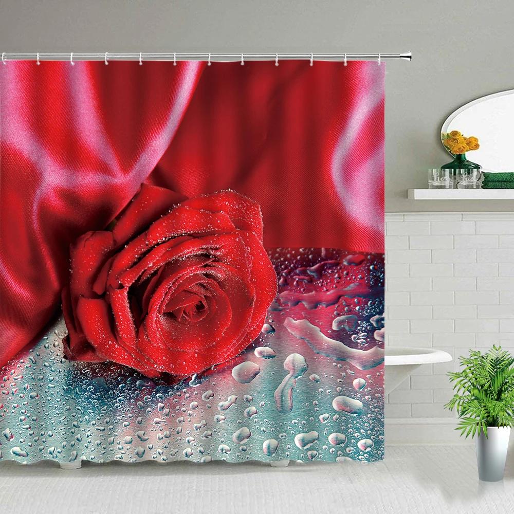 Pink Flower Plant Scenery Shower Curtains Rose Tulip Butterfly Spring Landscape 3d Printing Bathroom Waterproof Bath Curtain Set