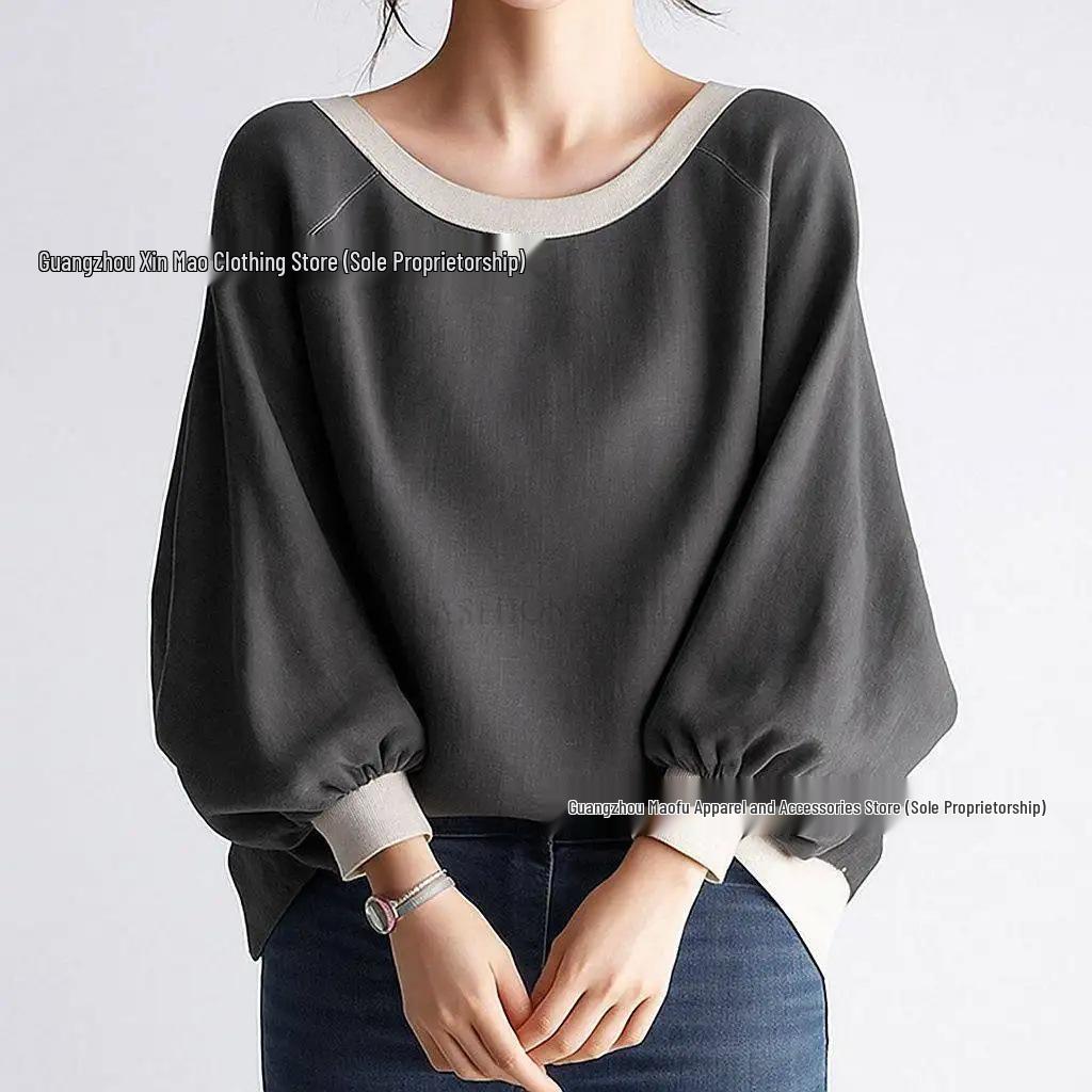 

In Stock: 2025 Korean Autumn Collection Large Round Neck Bat Lantern Sleeve Loose Slimming One-Shoulder Top Small сірий колір