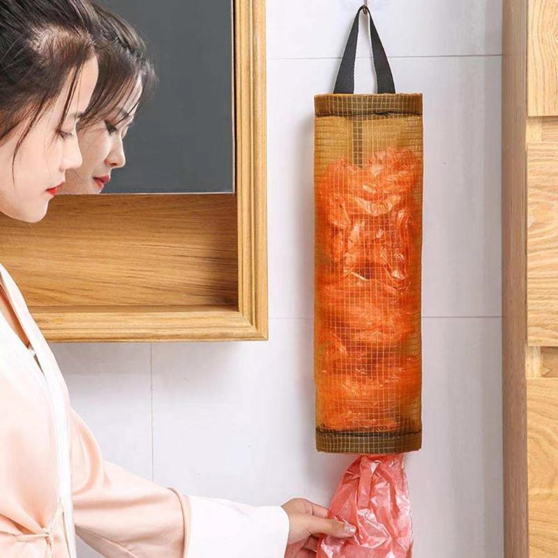 Mesh Hanging Plastic Grocery Bag Holder With Adhesive Wall Hooks Perfect For Kitchen Bathroom Home Storage