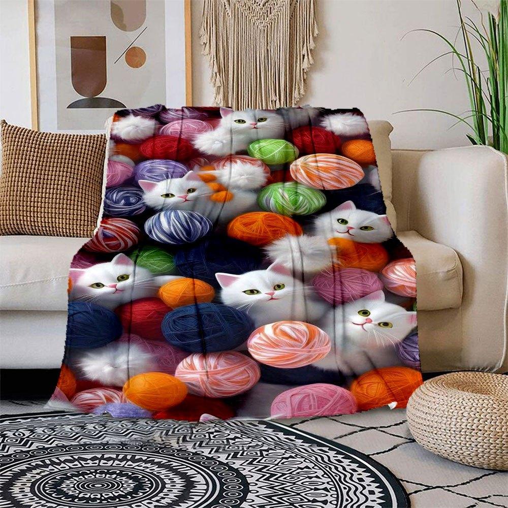 

Colorful Yarn Balls with Cute Kittens - Perfect for Crafting EnthusiastsBlanket Flannel Throw Blanket for Sofa, Bed, Travel, Camping, Office 150x180cm
