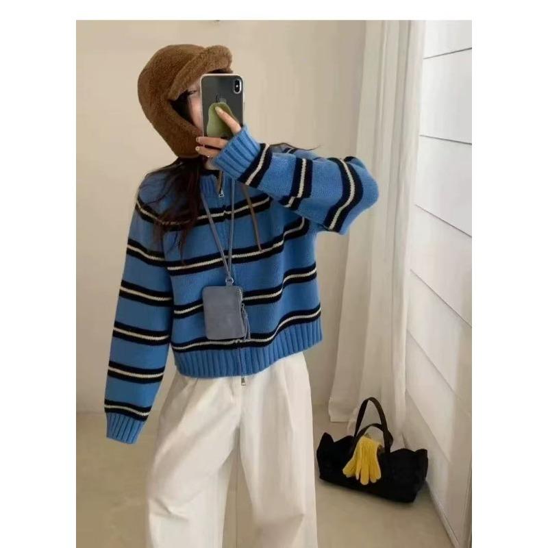 Lazy striped knitted cardigan women's autumn and winter new loose and thin versatile double zipper sweater jacket