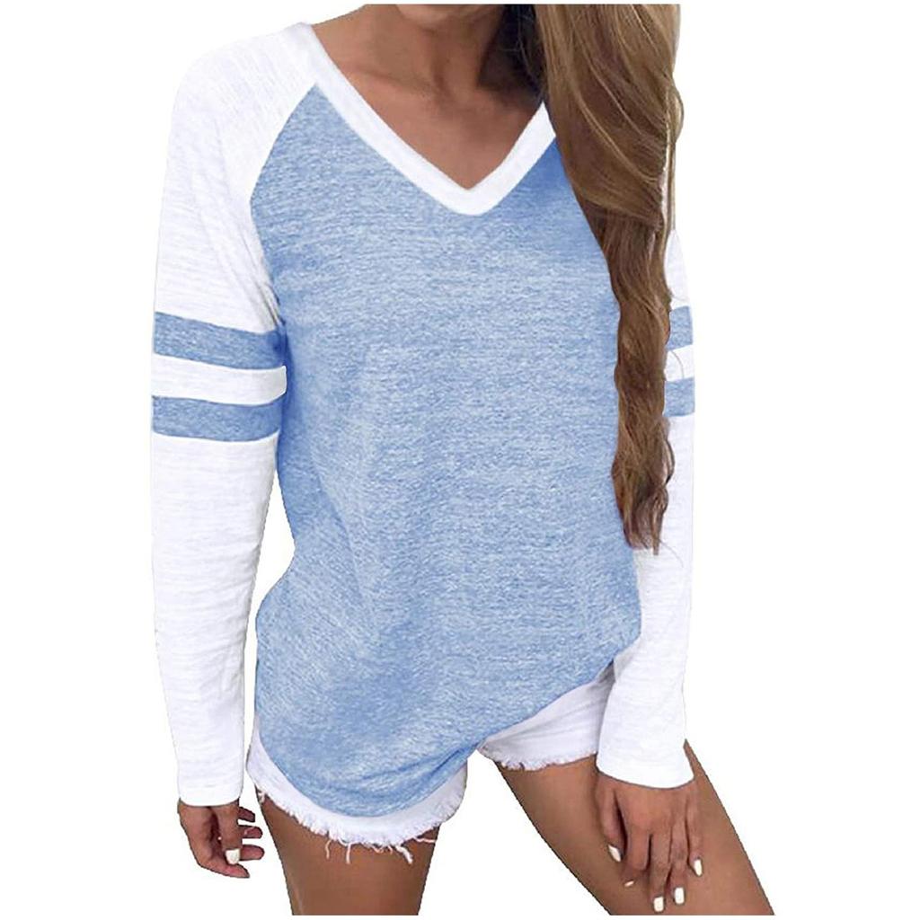 Fashion Women's V-collar Splicing Long Sleeves Leisure Time Tops Blouses