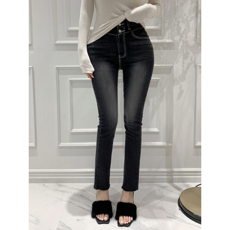 Spring and Summer South Korea Dongdaemun High Waist 2 Buttons Slim Fit Buttock Lifting Fengyi Faded Skinny Slimming Capri Jeans Women