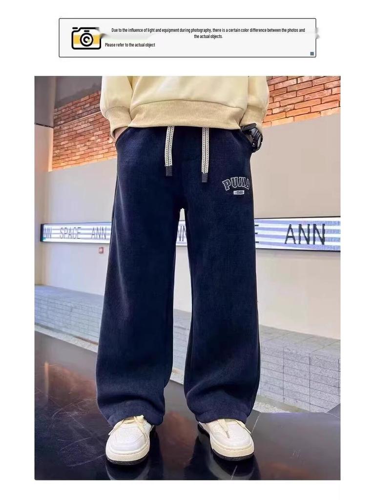 Teen Boys' Thick Velvet Straight-Leg Sports Pants for Autumn & Winter