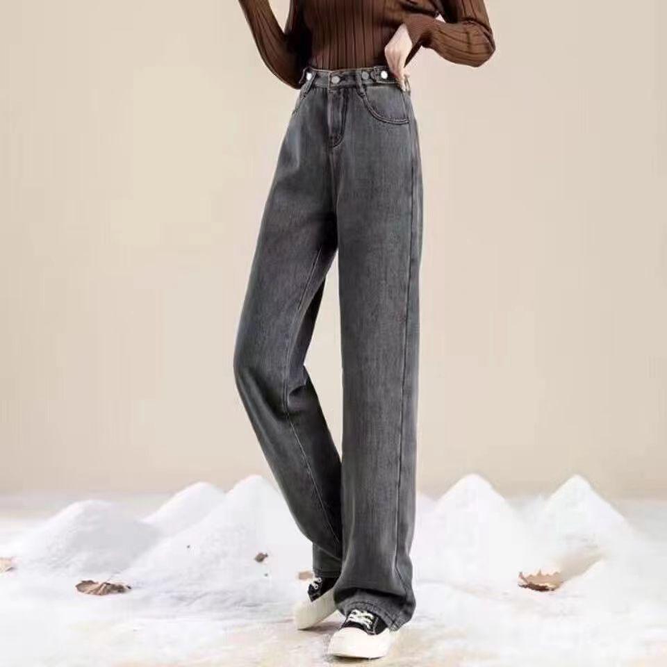 Pantaloni Denim Casual Blu Lavato con Gamba Dritta e Fodera in Peluche, Chiusura con Cerniera e Bottone, Jeans Denim Inverno da Donna