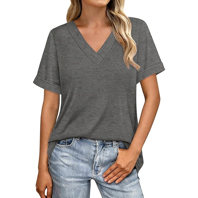 Women's Solid Color V-Neck Casual T-Shirt Short Sleeve Top