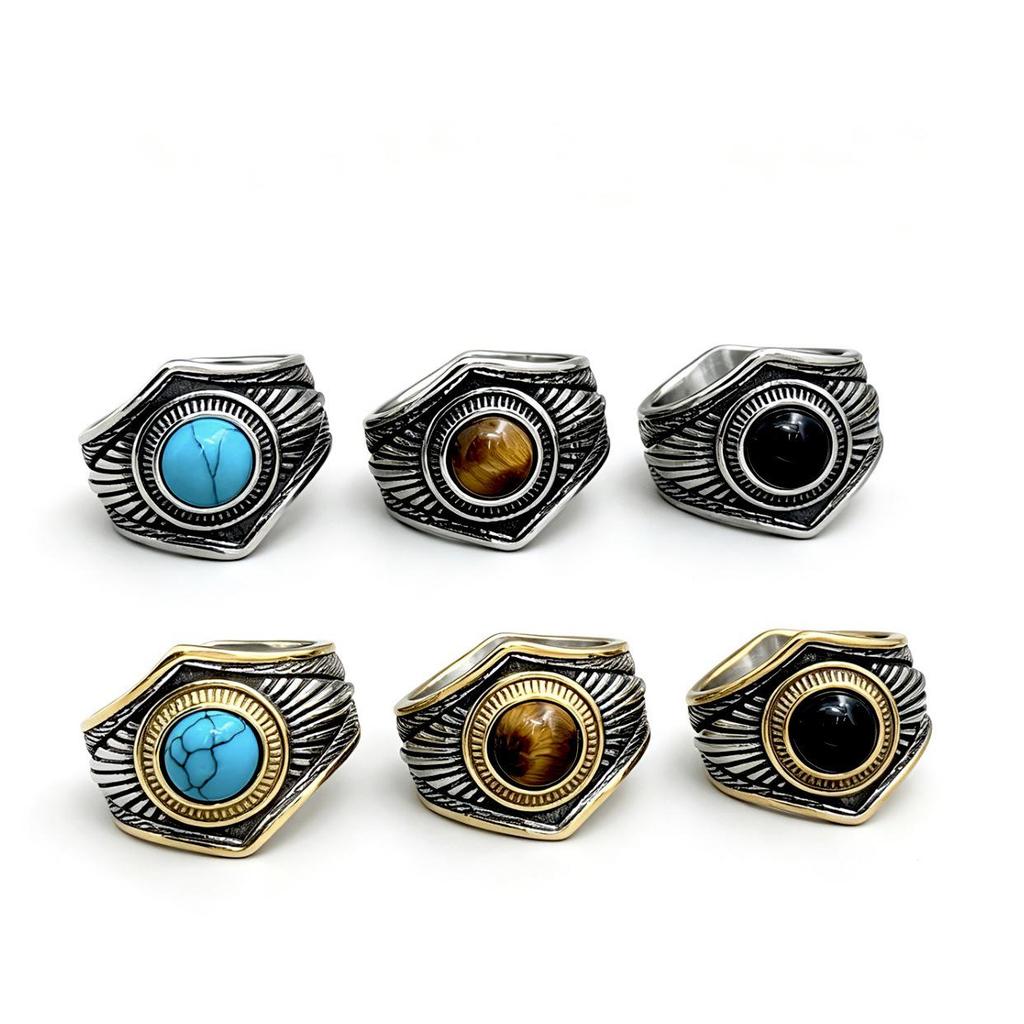 Indian Style Turquoise Retro Titanium Steel Men's Hip Hop Gemstone Ring