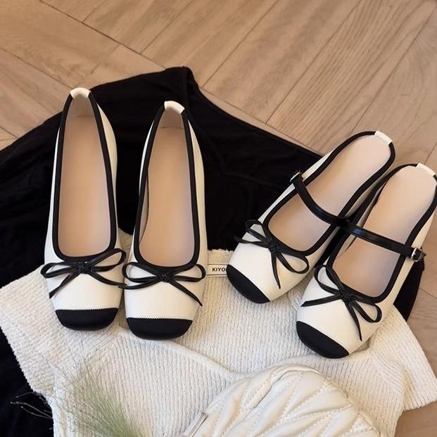 Grape Mother Same French Inner Height Increase Age Reduction Bow Word Ballet Half Drag Sandals Leather Women's Single Shoes Summer