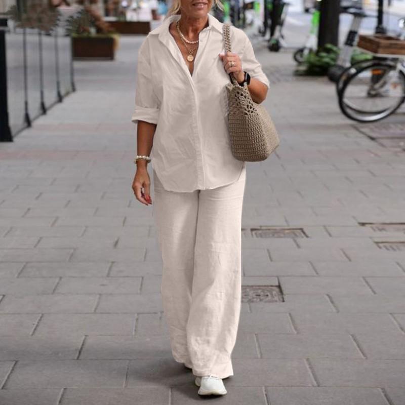 European and American Cross-border Women's Clothing Two-piece Set Women's 2026 Lapel Collar Long-sleeved Shirt Spring and Autumn Casual Solid Color