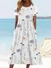 O Neck Print Flowe Dress Middle Waist Elegant Large Swing Type Dress for Women Short Sleeve Loose Dresses Causal Dress