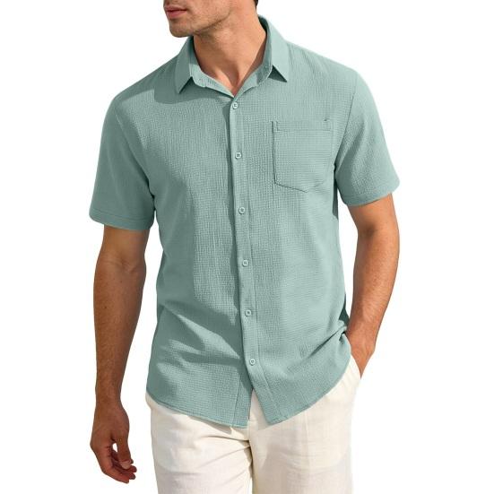Мужская летняя рубашка на пуговицах с коротким воротником, текстурированная, с коротким рукавом, отложной воротник, однотонная, свободная, праздничная рубашка S зелёный
