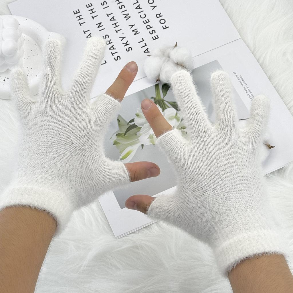 Two-half Finger Imitation Mink Gloves Autumn and Winter Student Writing Cycling Women's Finger Gloves Solid Color Commuting Warm Gloves