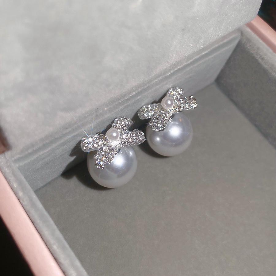 Silver Needle Bow & Flower Pearl Tassel Earrings - Elegant Cubic Zirconia Design for Women