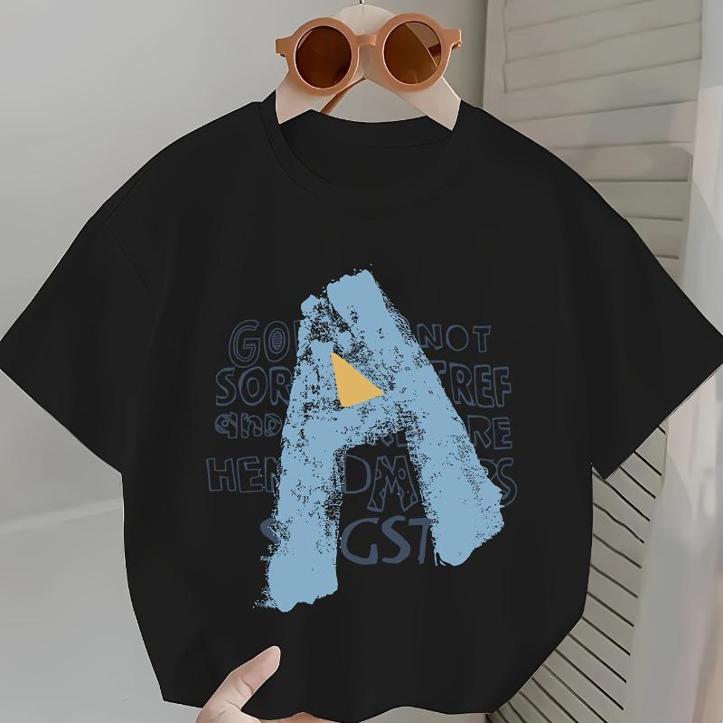 Kids Summer Crew Neck Short Sleeve T-Shirt With Letter Graphic Print