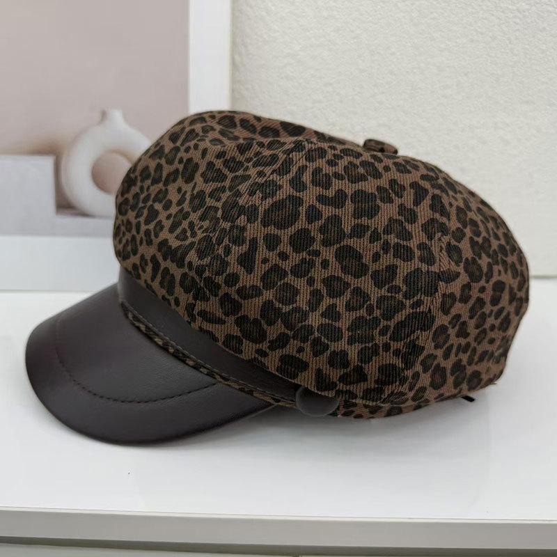 Retro Leopard Print Beret For Children, Spring And Autumn Fashion Painter, Octagonal Hat, Leather Brim, Newsboy Hat
