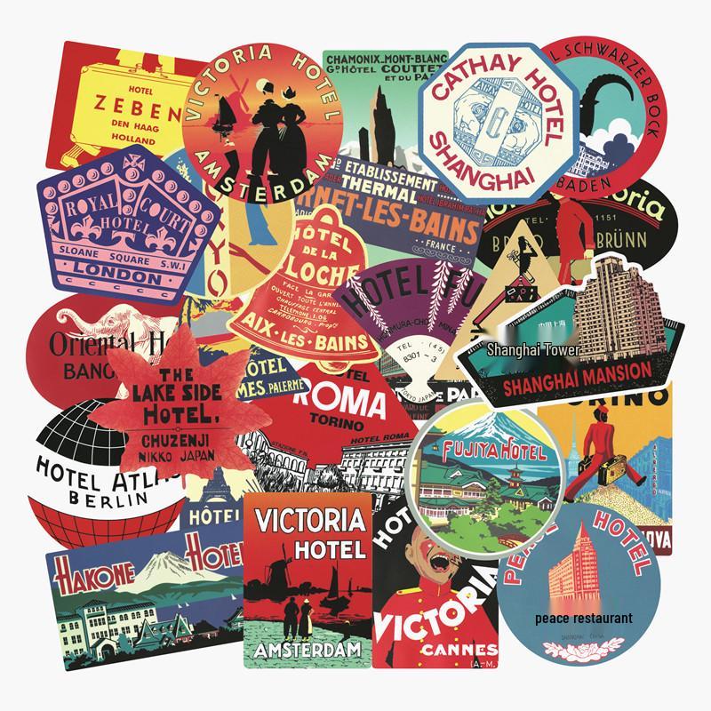 56 Sheets Retro Travel Hotel Graffiti Stickers - Trendy International Decals Collection