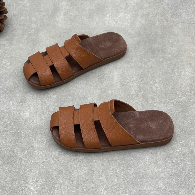 Johnature Genuine Leather Flat Slippers Weaving Hollow-out Breathable Casual Women's Slip-on Shoes