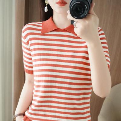 Maglione Polo Estivo a Righe da Donna - T-shirt in Cotone a Maniche Corte con Stile Dolce e Comodo