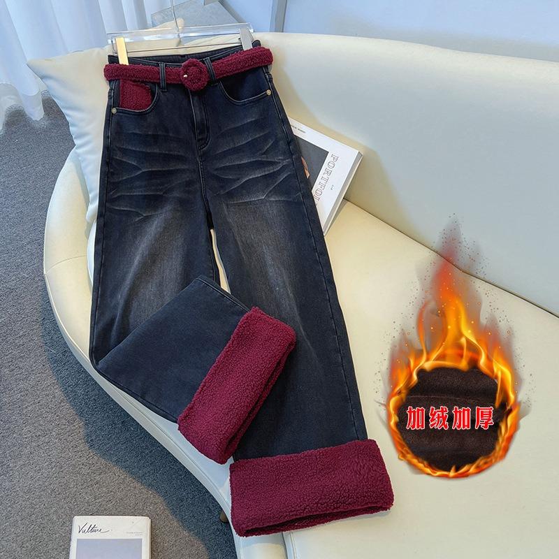 [With belt] winter new product velvet thickened non-elastic straight wide-leg pants nine-point jeans women