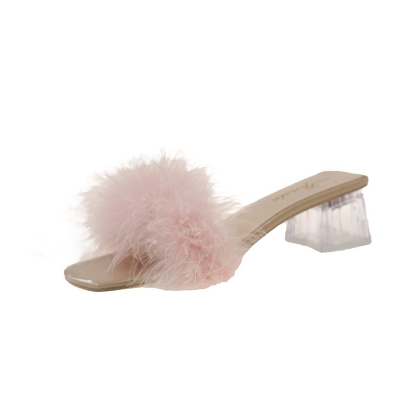 

Модные женские тапочки, новые летние женские туфли с открытым носком, плюшевые лисьи меха, массивные шлепанцы, сексуальные домашние простые туфли-лодочки с квадратным носком для банкета 41