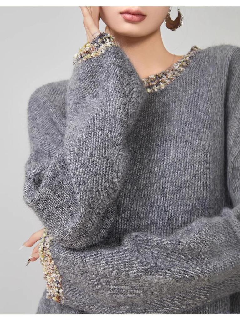 Women's Grey Soft Knit Pullover Sweater - 2026 Autumn Korean Style