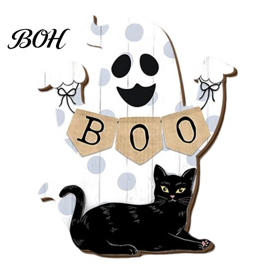 Easy Clean Festive Door Hanger Cute White Ghost Wooden Sign with Black Cat BOO Boho Halloween Room Decoration Banner, Waterproof Front Plaque