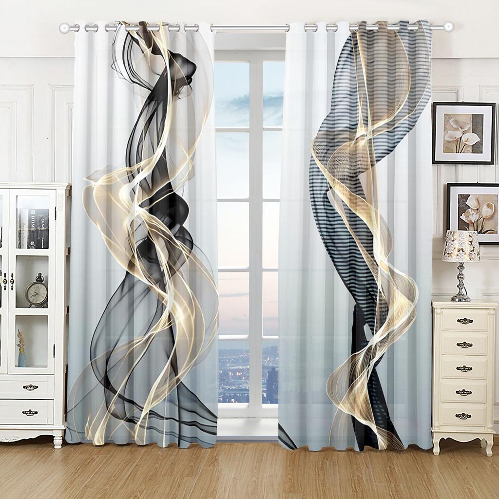 Striped Abstract Art Modern Black and Gold 2 Pieces Light Filtering Curtain for Living Room Bedroom Home Window Drape Decor