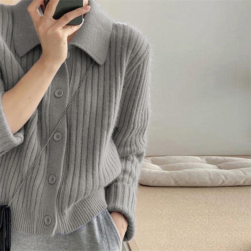 Autumn Women's Sweater Simple POLO Neck Knitted Cardigan Short Solid Color Top