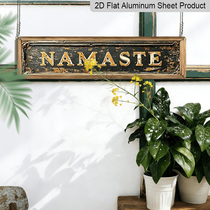 2D Flat, 1pc Indian Greetings "Namaste" Aluminium Decorative Sign - 15.7×3.94inch, Rustic Golden Lettering On Weathered Aluminium, Perfect for Home
