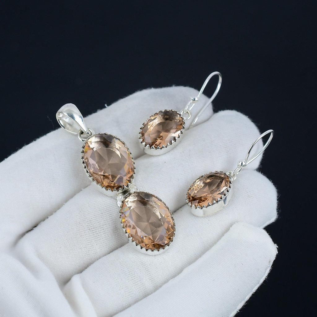 Morganit Anhänger Set, Morganit Edelstein Handgemacht 925 Sterling Silber Ohrring Anhänger Set für Frauen Anhänger Watte Geschenk