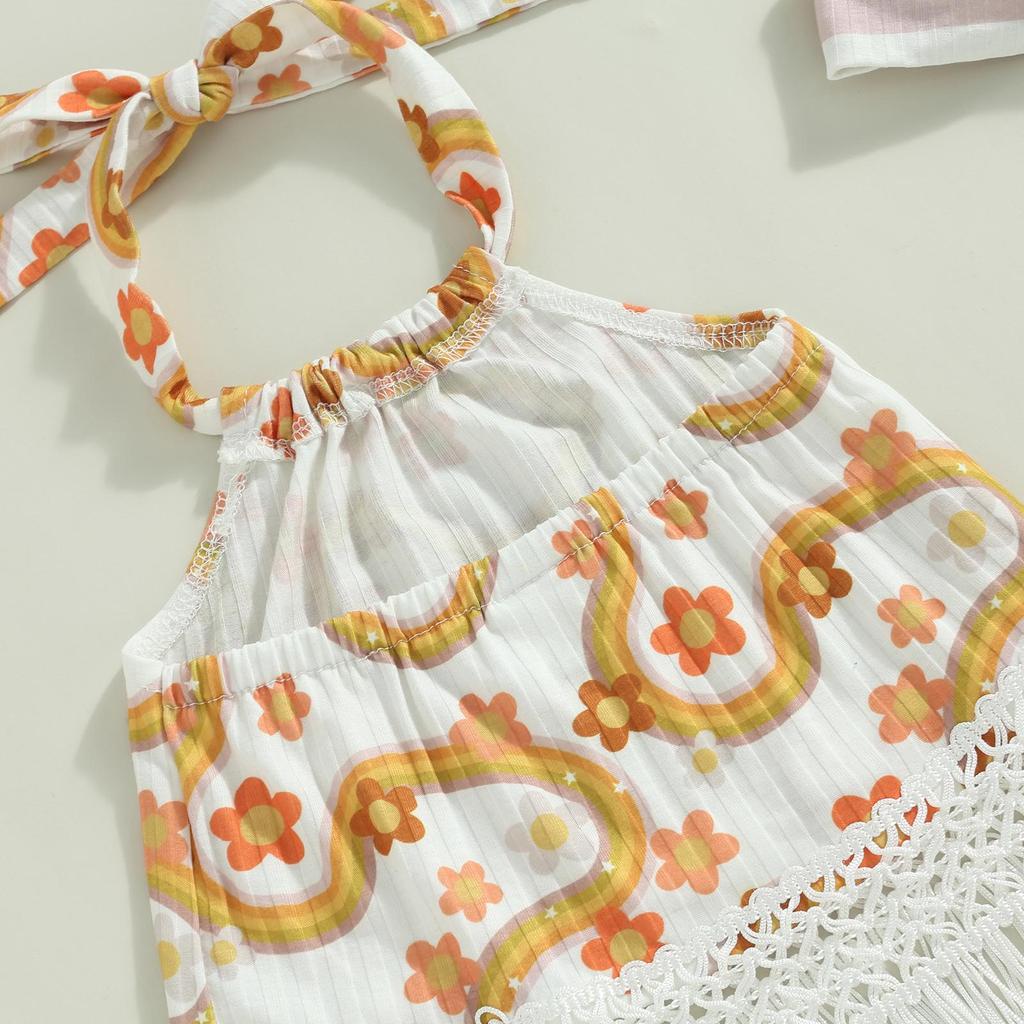 Baby Girl Summer Outfit Flower Print Tassel Hem Tie-Up Halter Neck Sleeveless Tank Tops Stripe Shorts Headband 3Pcs Clothes Set