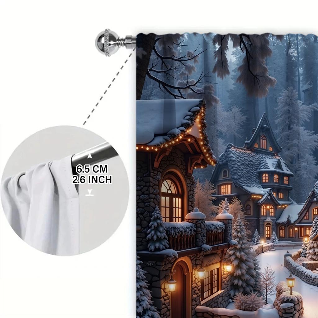 2pcs Winter Town Snow Scenery Printed Curtain for Christmas Home Decor - Rod Pocket Window Treatment for Bedroom,Office,Kitchen