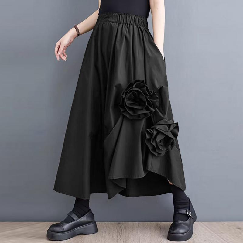 

ZANZEA Женские летние цветочные однотонные свободные юбки А-силуэта чёрный