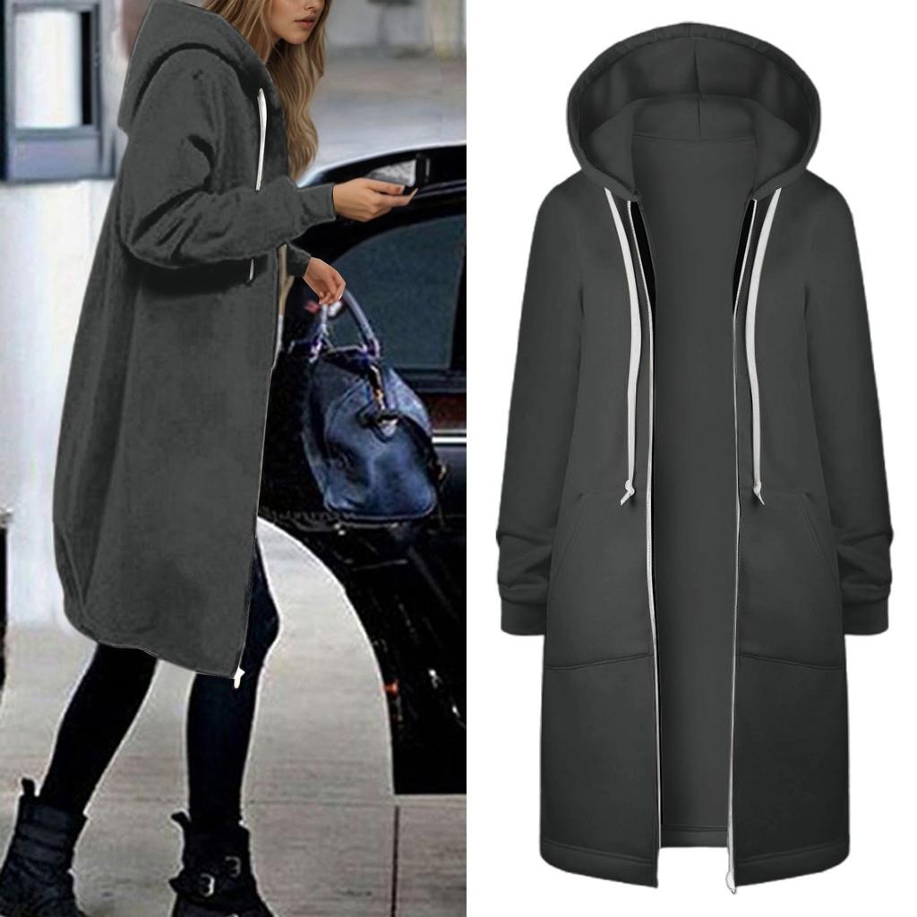Women's Fashionable Solid Color Long Sleeved Pocket Long Hoodies Zipper Casual Coat Fall Jackets Sweatshirts Clothes