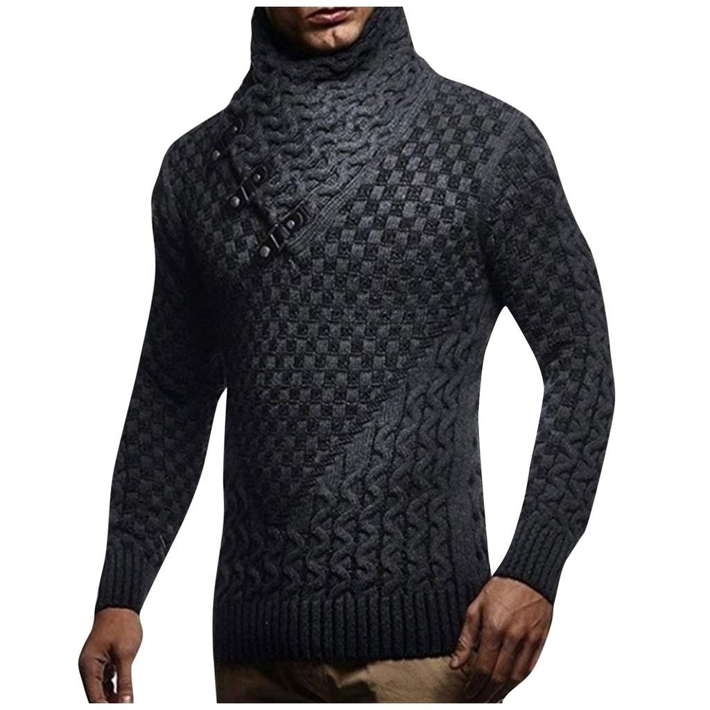 Men's Knitted Pullover Sweater with High Neck Buttoned Collar Textured Pattern Long Sleeve Casual Fit Winter Warm Jumper