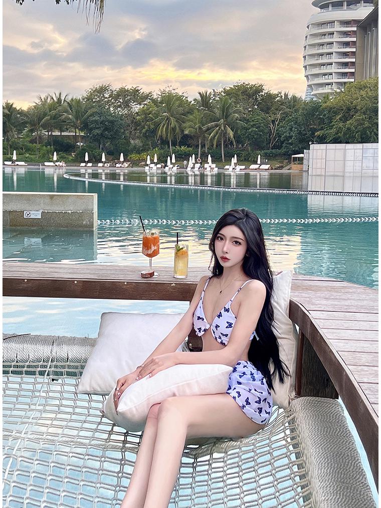 Trendy Butterfly Print Mesh Skirt Swimsuit Set for Women