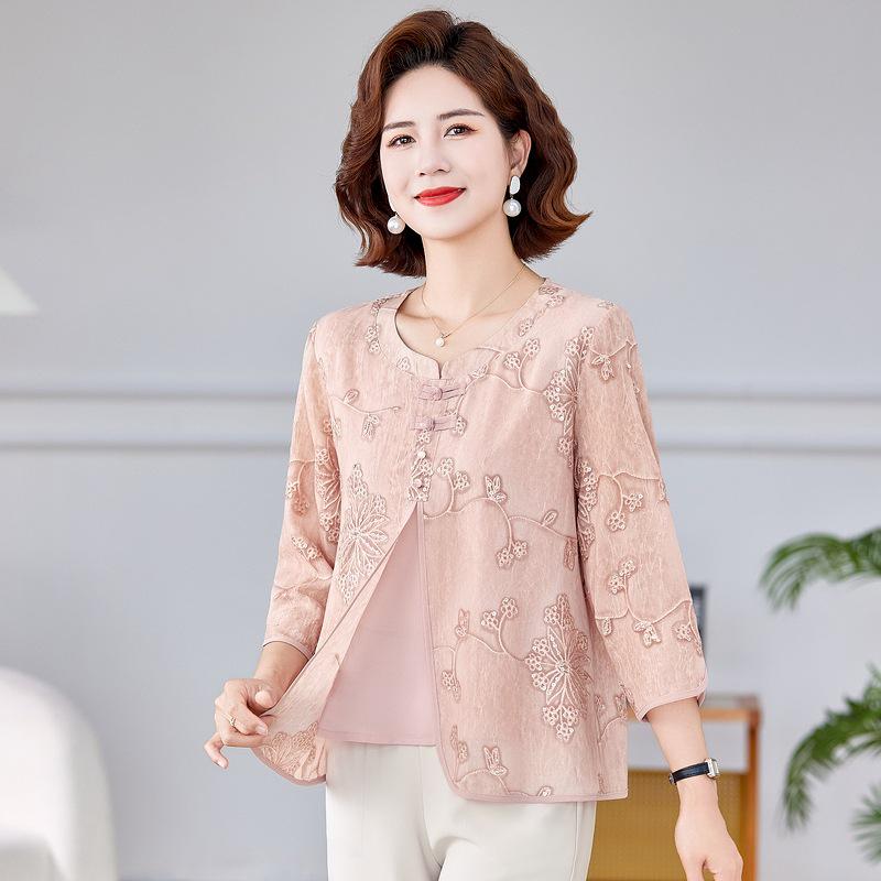 

Summer Chiffon Blouse - Stylish Short Sleeve Faux Two-Piece for Middle-Aged & Elderly Women 3XL [120-135 lbs] помаранчевий