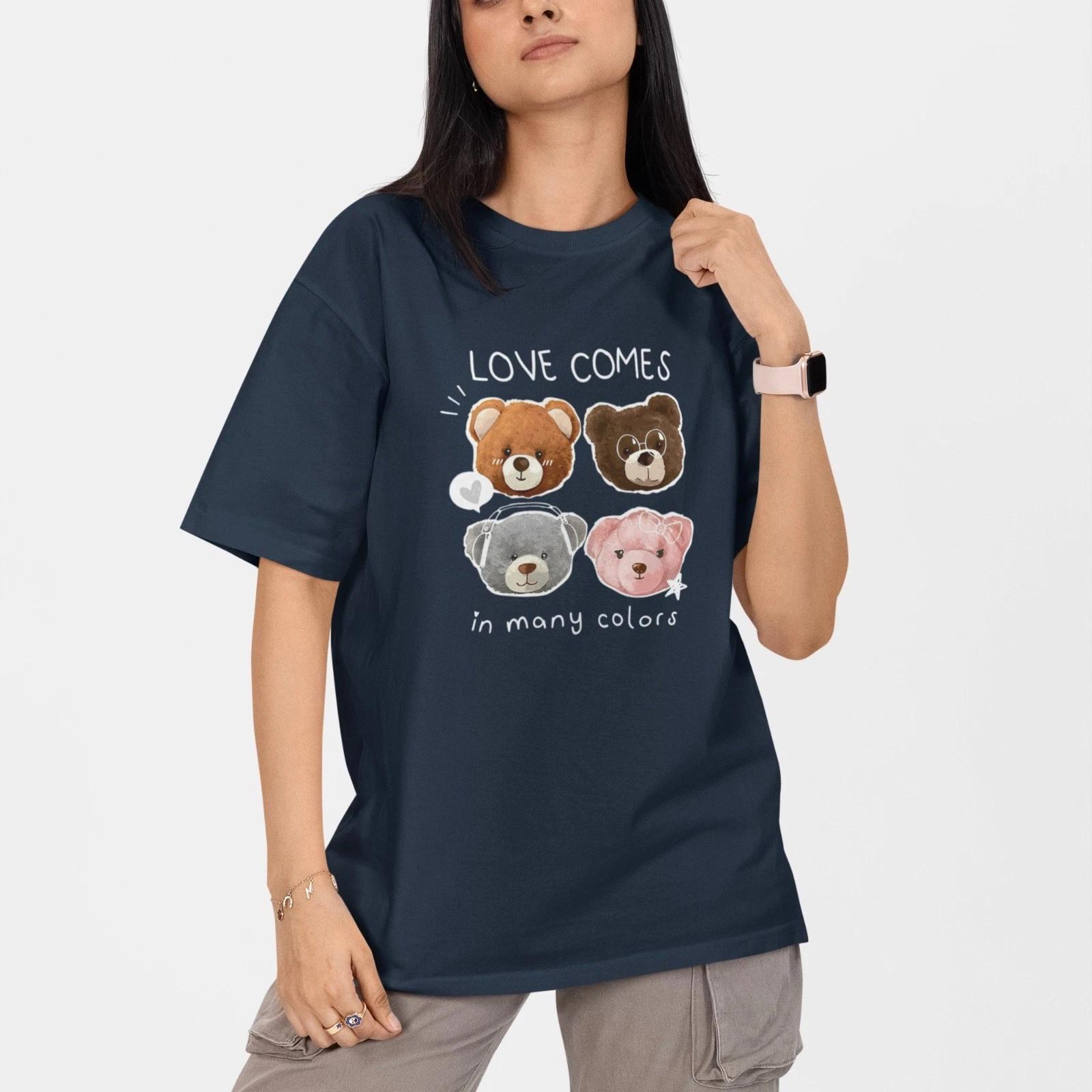 Love Comes In Many Colors Bear T Shirt Cute Teddy Bear Graphic Tee Unisex XL