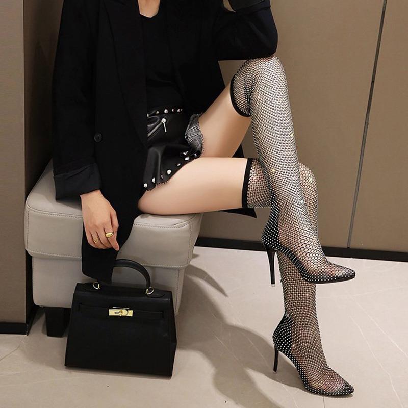 Fashion Women's Knee Length Pointed High Heel Cool Boots Hollow Long Boot Women's Water Diamond Sexy Fashion Mesh Sandal Sandalias Muje